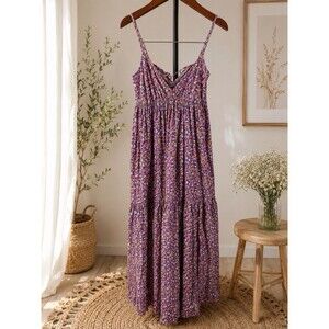 Akualani Purple Ditsy Floral Cotton Maxi Dress Tiered Straps Summer Small S